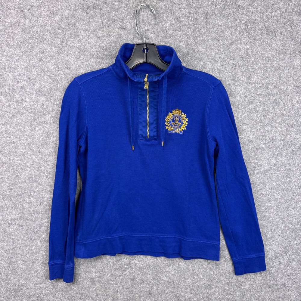Lauren Ralph Lauren Sweatshirt Petite P/P Blue Cotton Crest Quarter Zip Pullover